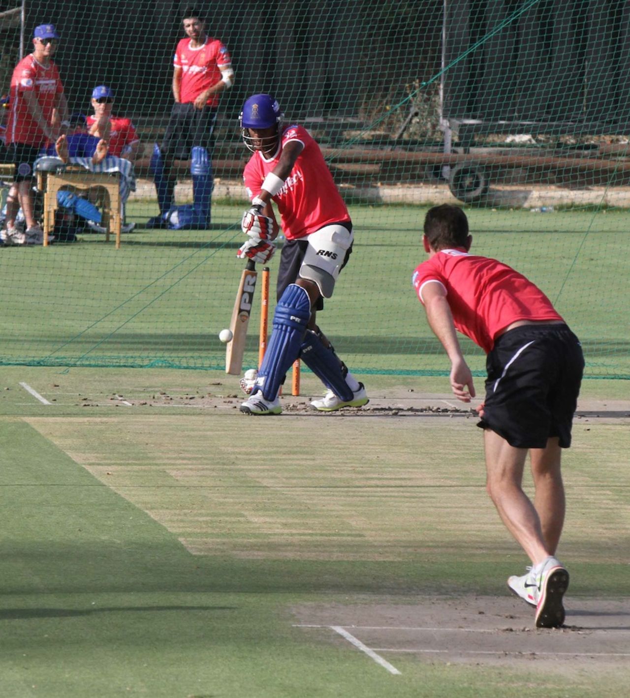 Shaun Tait bowls to Kevon Cooper during a practice session at the Sawai Mansingh Stadium in Jaipur
