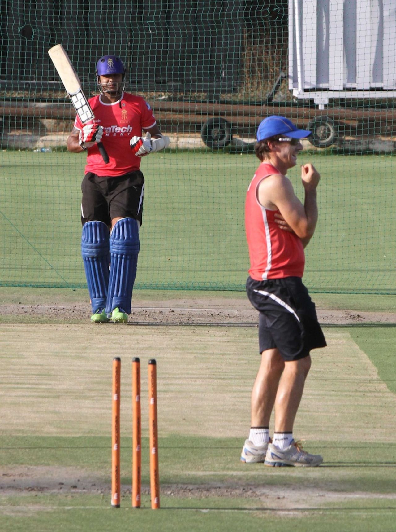 Stuart Binny and Brad Hogg during a practice session at the Sawai Mansingh Stadium in Jaipur