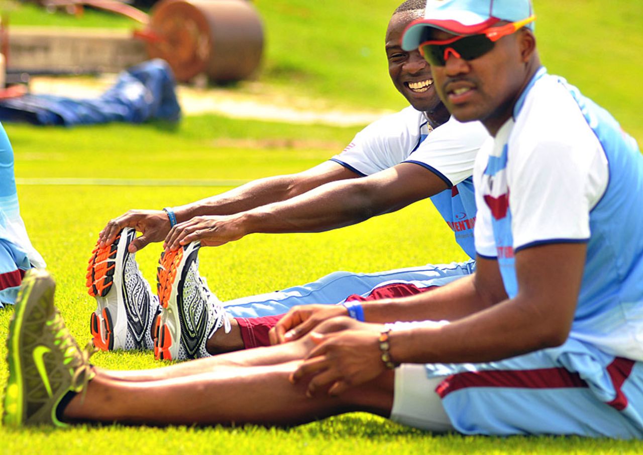West Indies players Darren Bravo and Kemar Roach at the West Indies conditioning camp, 3Ws Oval, Barbados, May 21, 2013