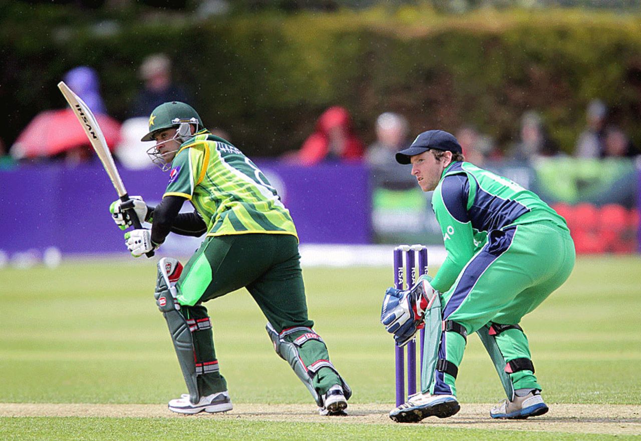Mohammad Hafeez nudges the ball to the leg side, Ireland v Pakistan, 1st ODI, Dublin, May 23, 2013