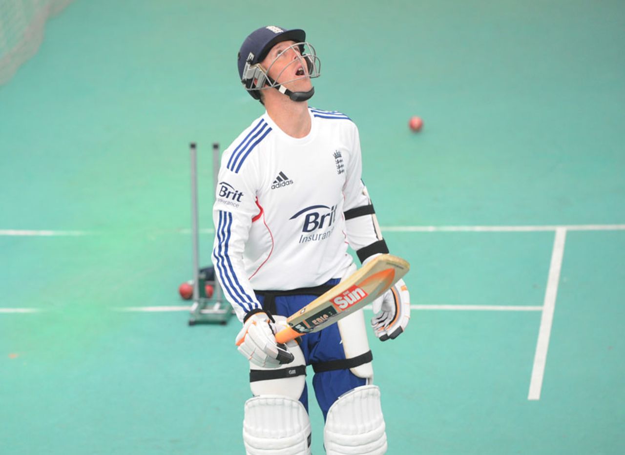 Graeme Swann looks up during an indoor net session, England v New Zealand, 2nd Investec Test, Headingley, May 23, 2013