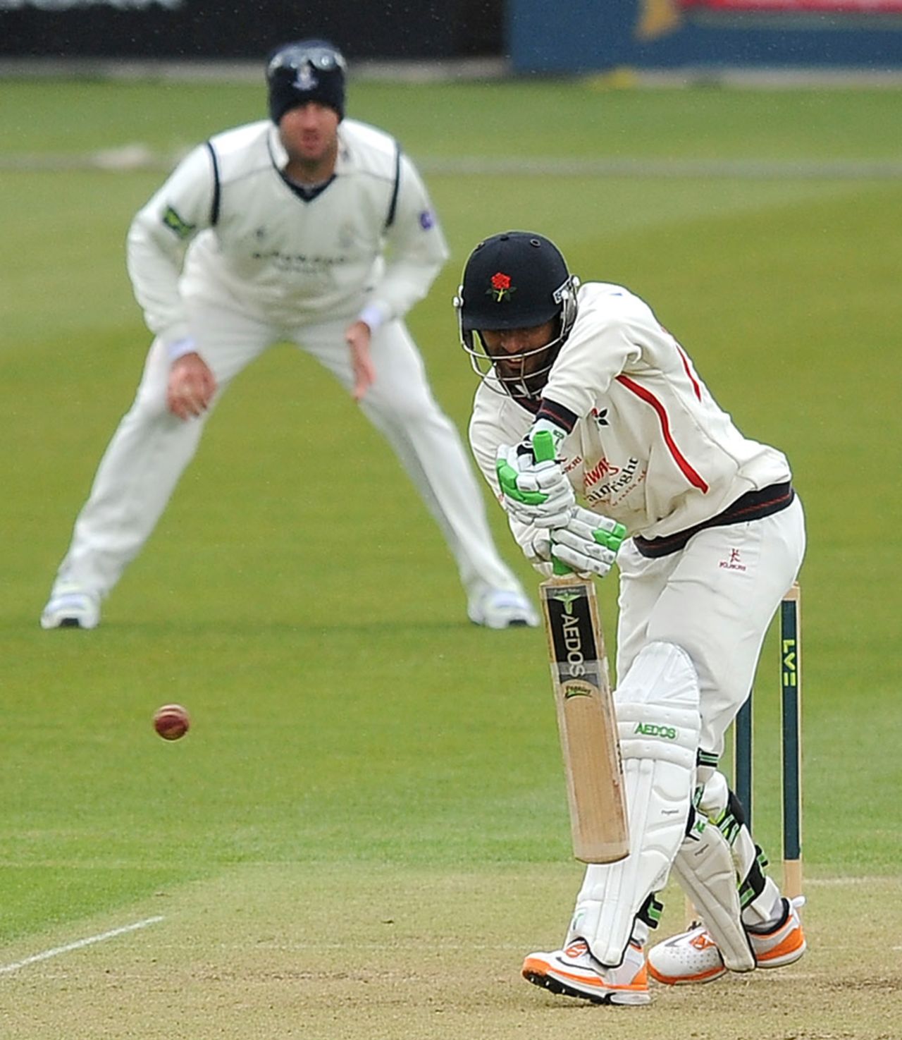 Andrea Agathangelou plays a solid defence en route to a century, Hampshire v Lancashire, County Championship, Divison Two, Ageas Bowl, 2nd day, May 24, 2013