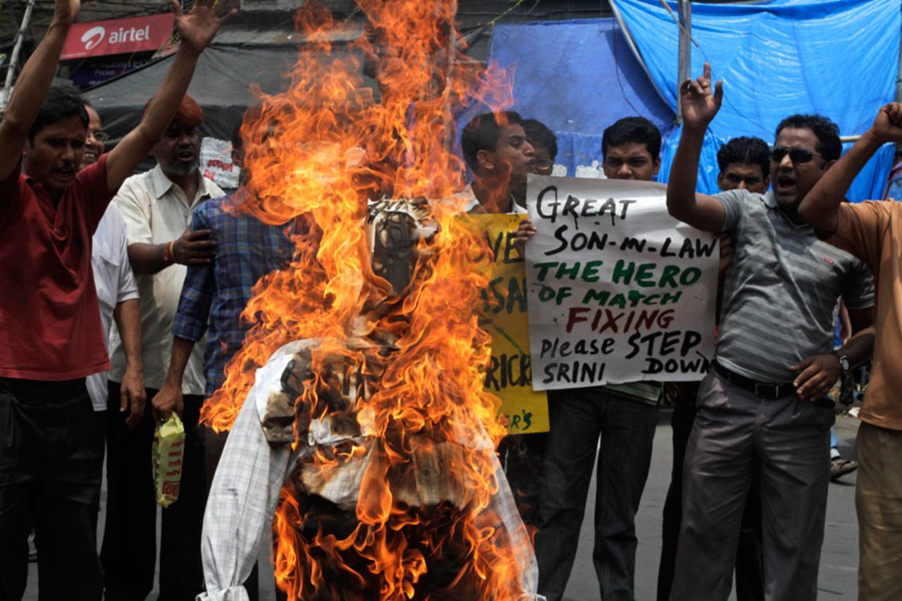 Protestors burn an effigy of N Srinivasan, Kolkata, May 26, 2013