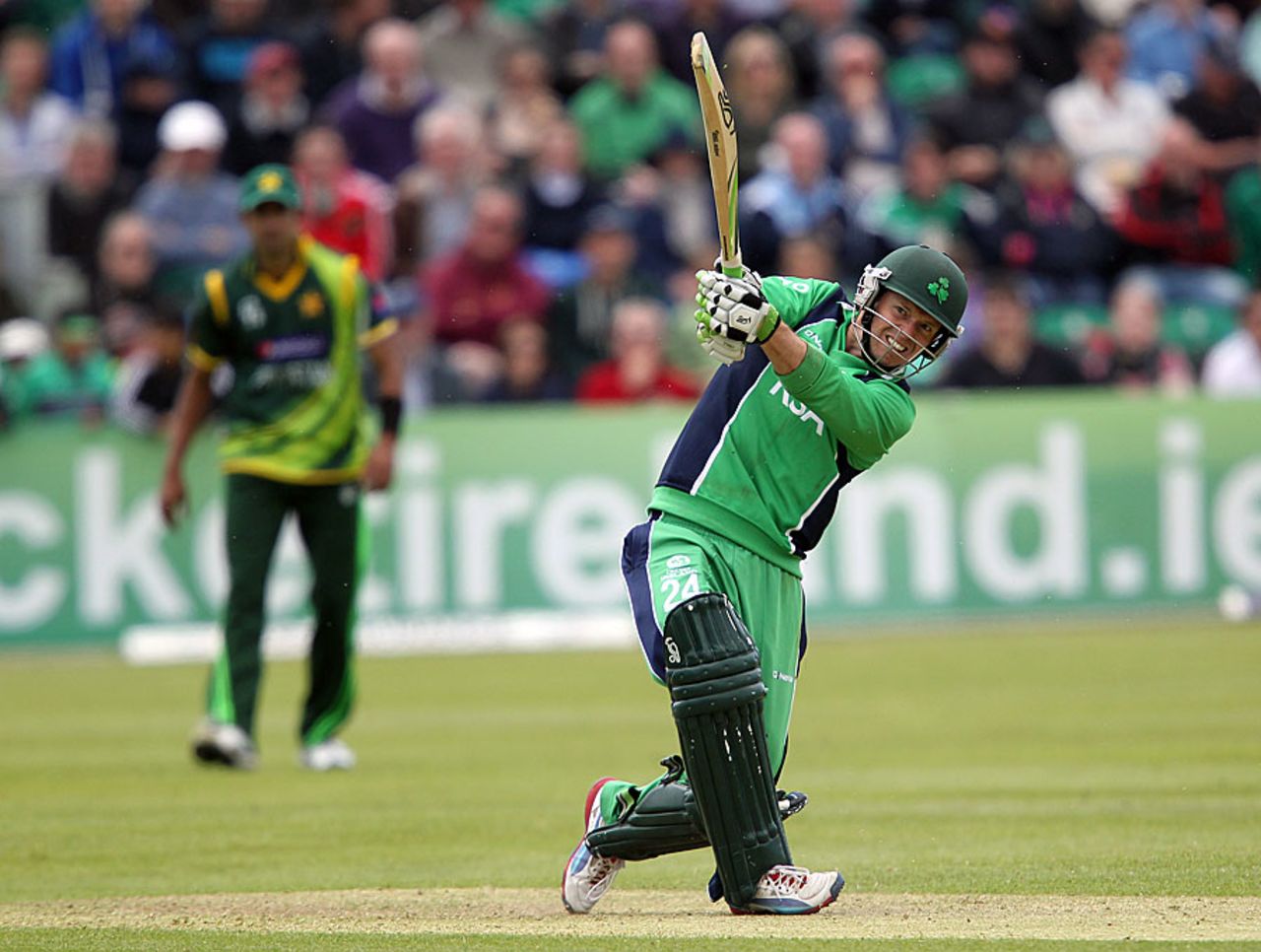 Ed Joyce steps out and hits over cow corner, Ireland v Pakistan, 2nd ODI, Dublin, May 26, 2013