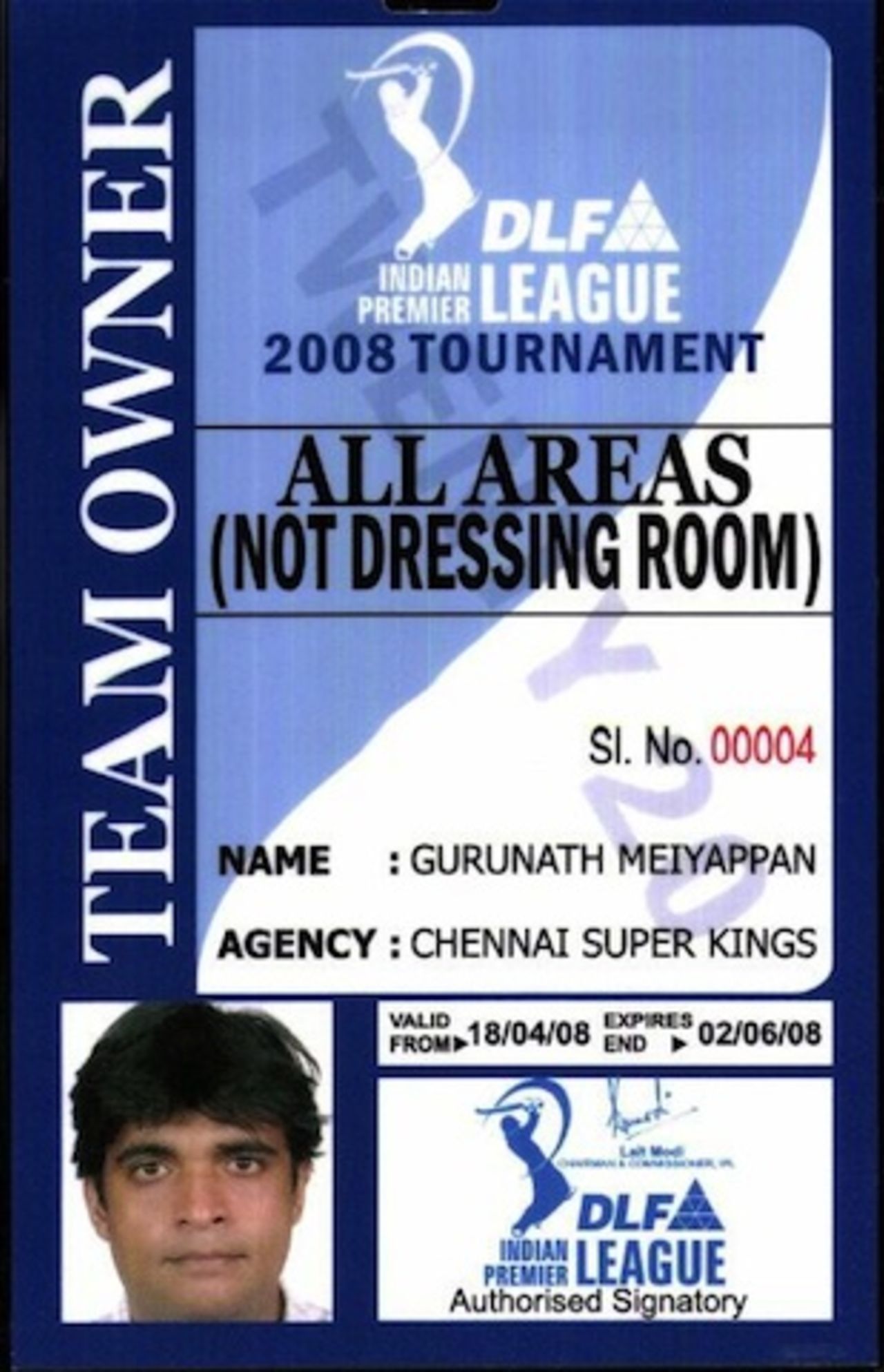 A photograph of Gurunath Meiyappan's accreditation card for IPL 2008