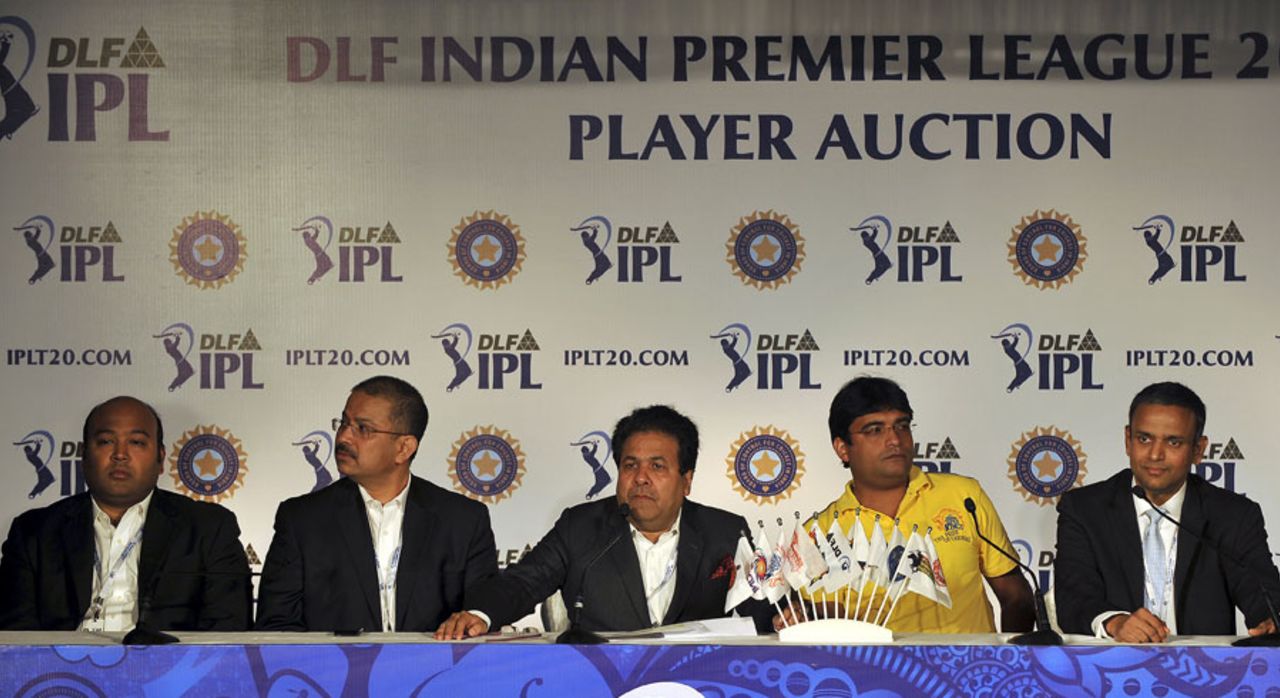 Delhi Daredevils chairman Kiran Grandhi, Kolkata Knight Riders CEO Venki Mysore, IPL chairman Rajiv Shukla, Chennai Super Kings' Gurunath Meiyappan, and IPL CEO Sundar Raman at a press conference at the 2012 players' auction, Bangalore, February 4, 2012