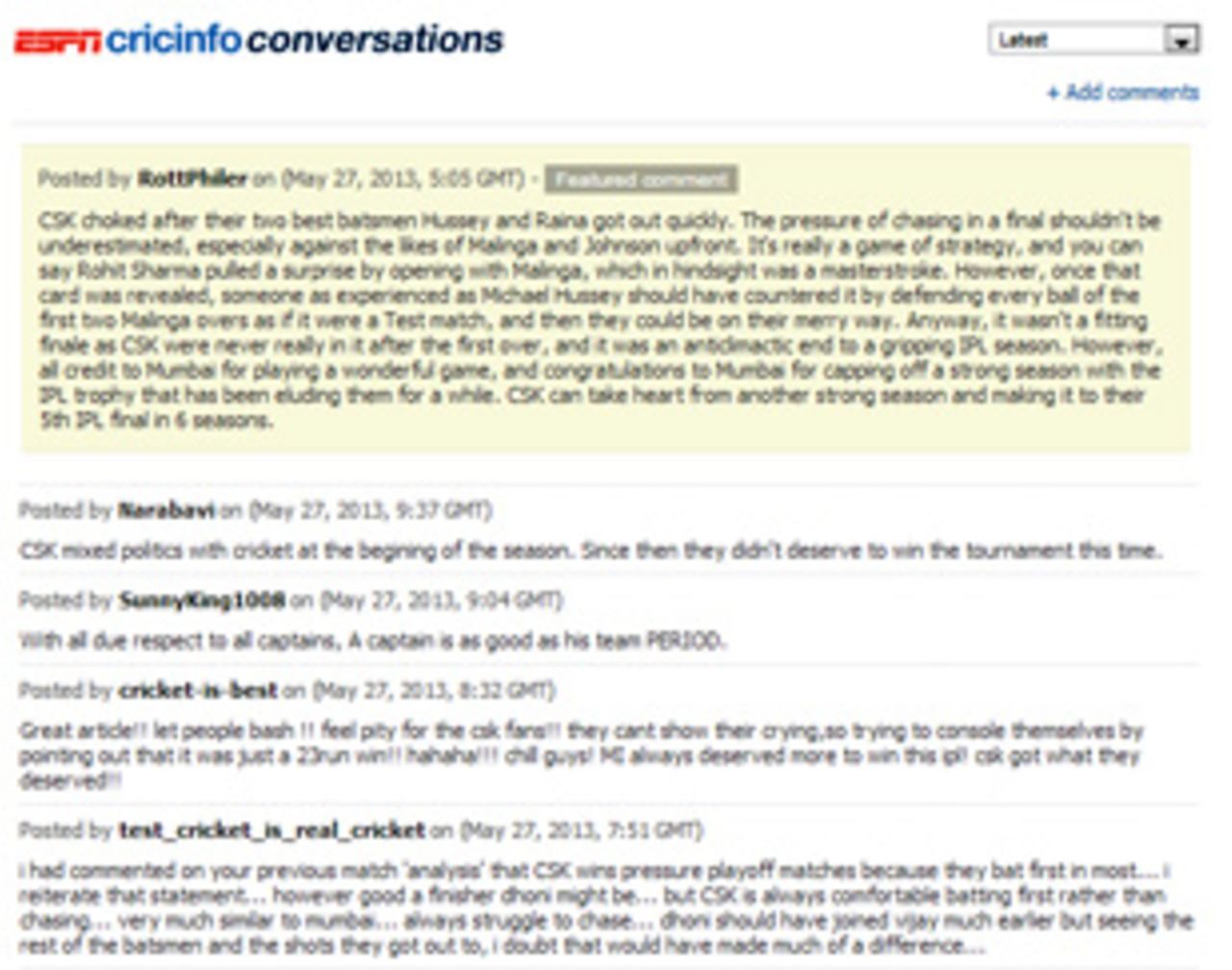 Screengrab of the comments section of ESPNcricinfo