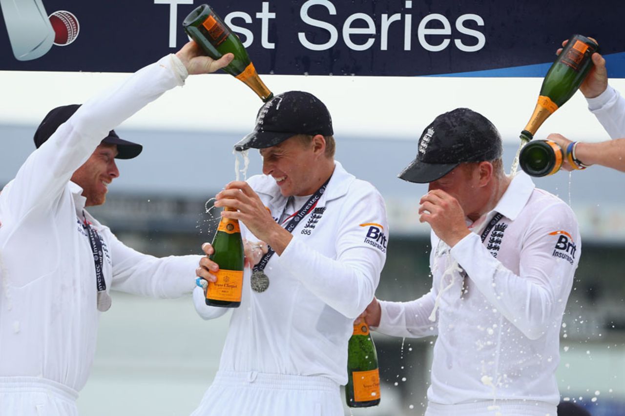 Joe Root and Jonny Bairstow get doused in champagne, England v New Zealand, 2nd Investec Test, Headingley, 5th day, May 28, 2013