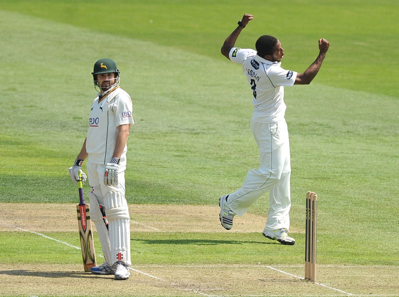 Chris Jordan celebrates having Ed Cowan out lbw, Sussex v Nottinghamshire, County Championship, Division One, Hove, 1st day, May 31, 2013