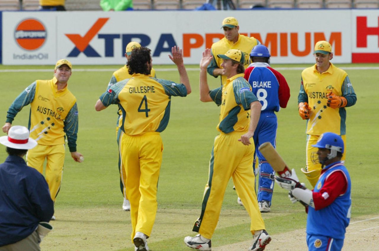 Jason Gillespie celebrates dismissing Donovan Blake, Australia v USA, 5th match, ICC Champions Trophy, Southampton, September 13, 2004