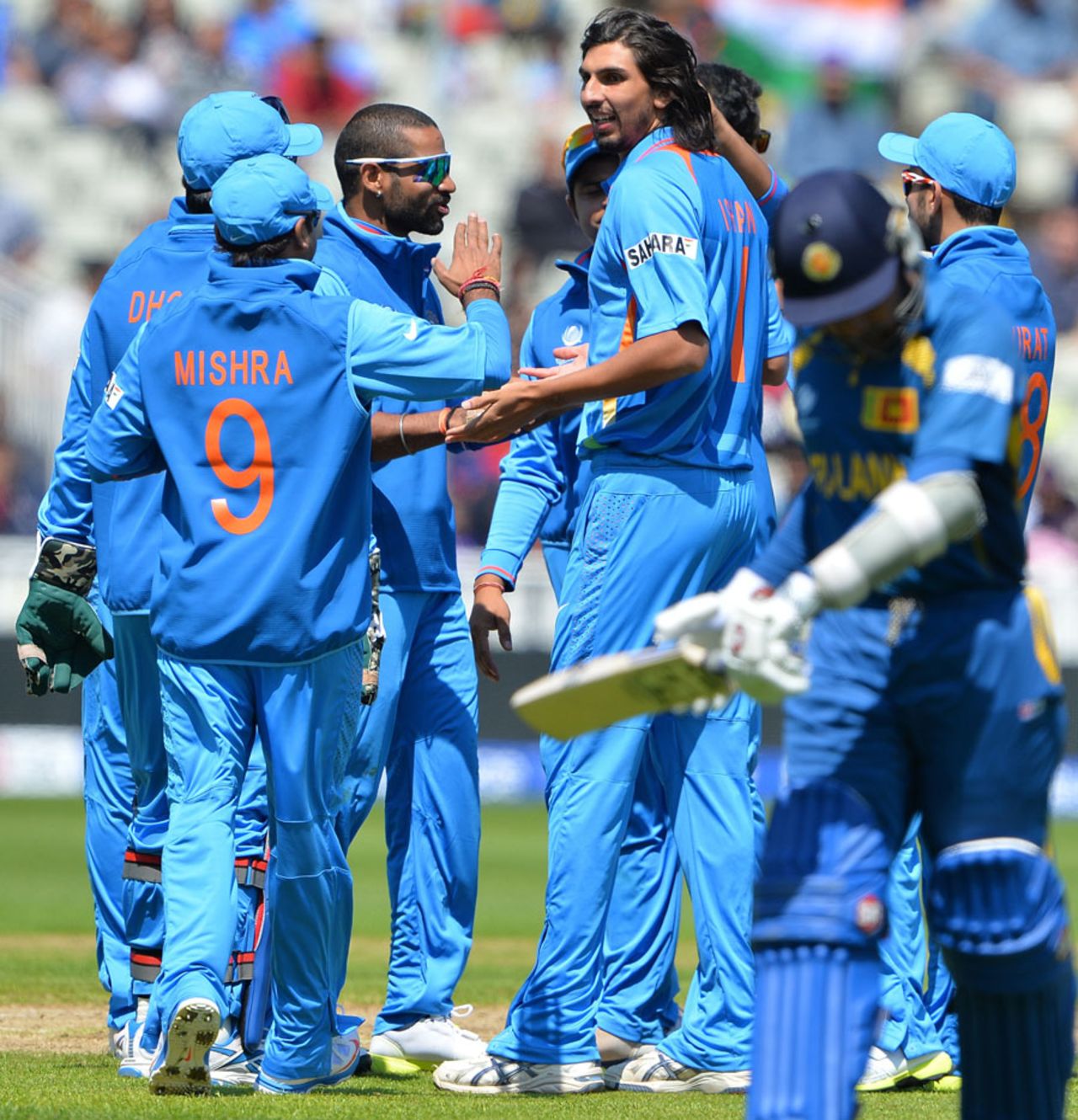 Ishant Sharma and team-mates celebrate Mahela Jayawardene's wicket, India v Sri Lanka, Champions Trophy warm-up match, Birmingham, June 1, 2013