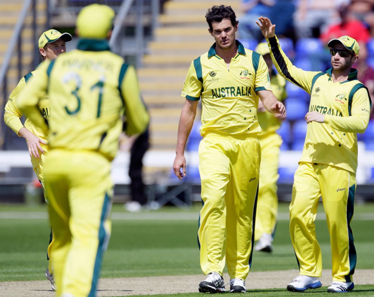 Clint McKay celebrates a wicket with his team mates, Australia v West Indies, Champions Trophy 2013 warm-up match, Cardiff, June 1