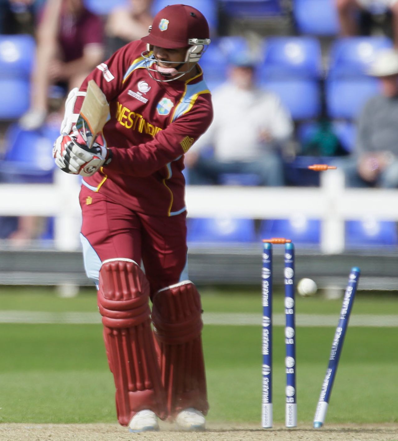 Sunil Narine is bowled through the gate, Australia v West Indies, Champions Trophy 2013 warm-up match, Cardiff, June 1