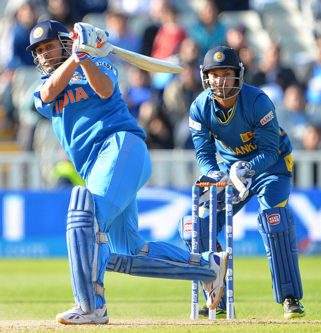MS Dhoni hits to the leg side, India v Sri Lanka, Champions Trophy 2013 warm-up matches, Cardiff, June 1