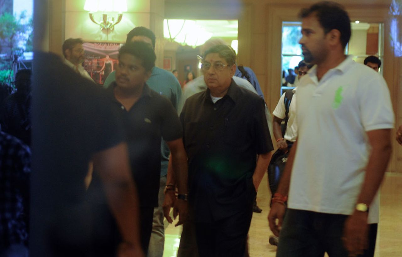 N Srinivasan exits after the BCCI meeting in Chennai, June 2, 2013