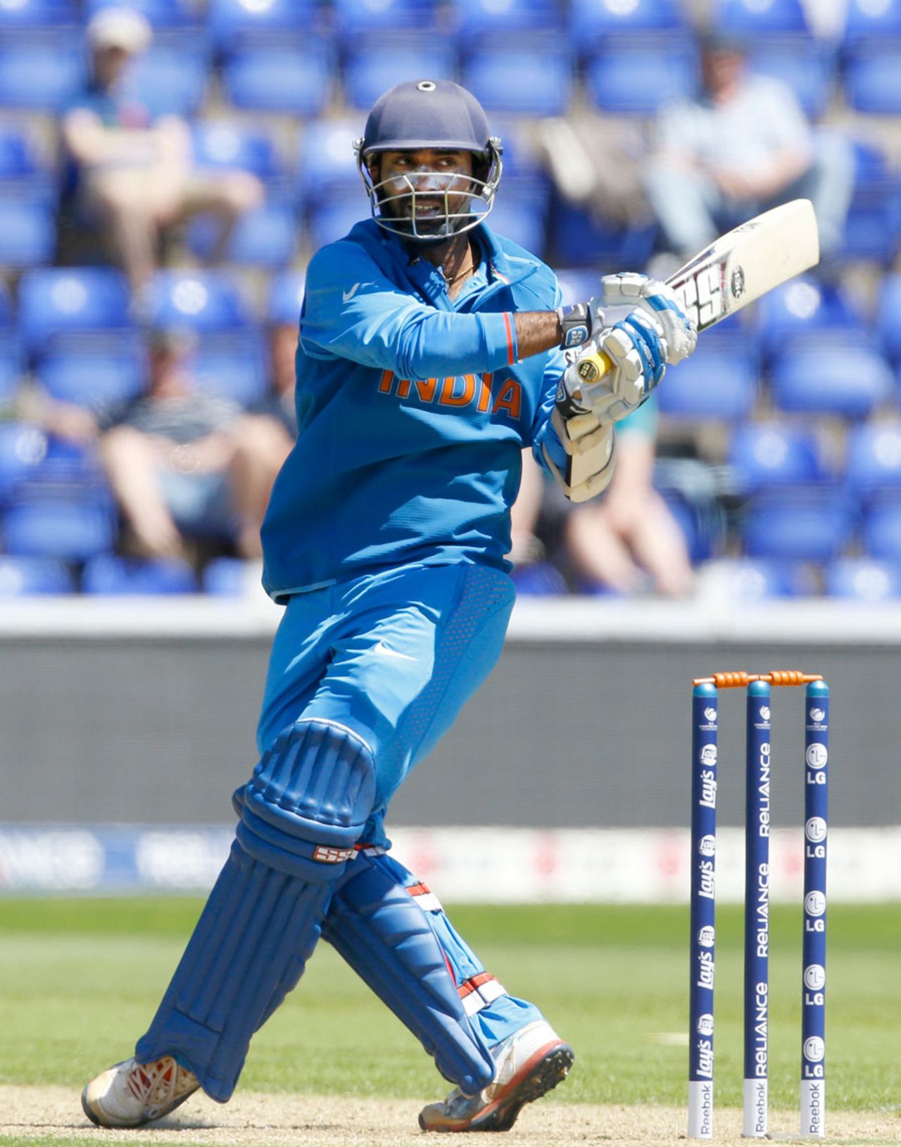 Dinesh Karthik pulls to the fine leg boundary, India v Australia, Champions Trophy warm-up, Cardiff, June 4, 2013