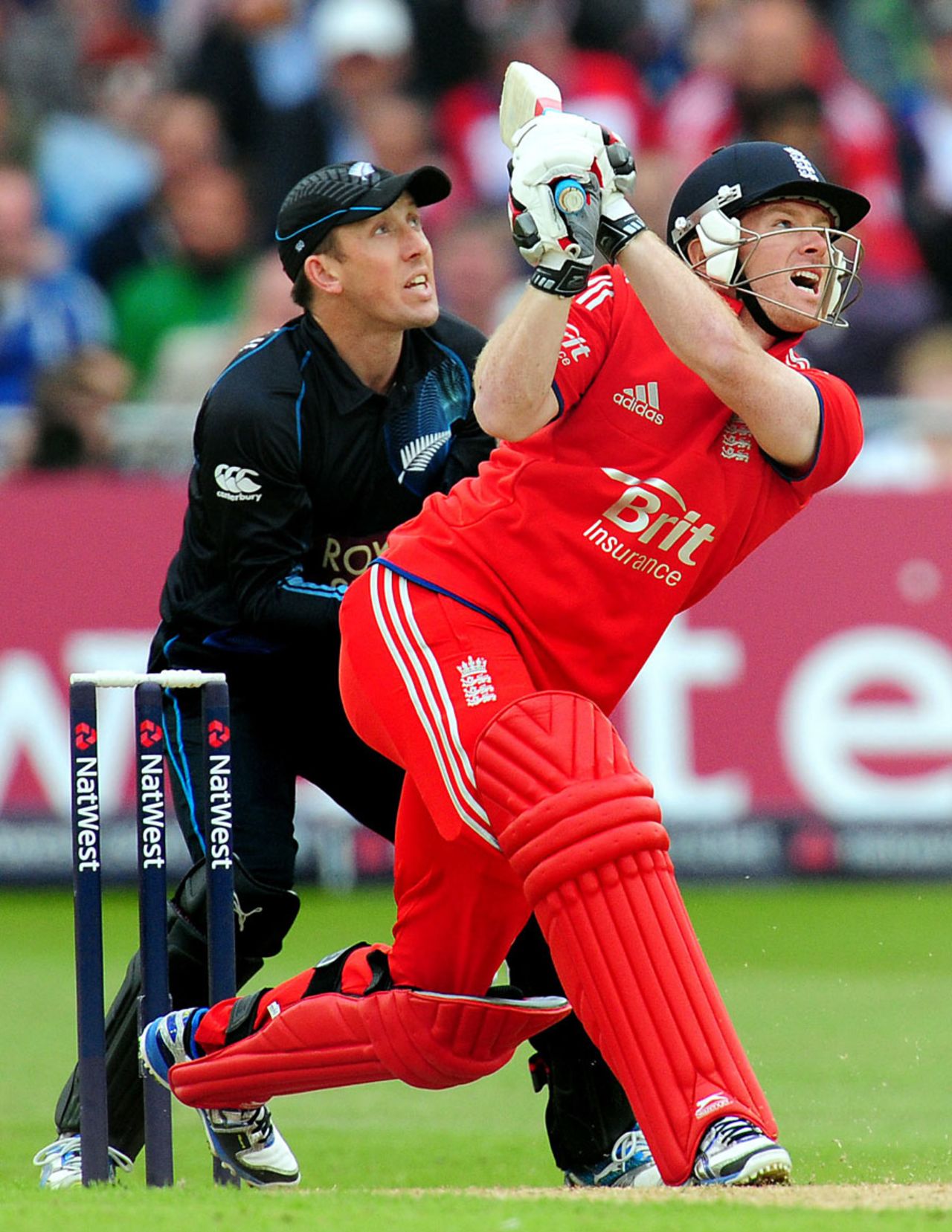 Eoin Morgan was fortunate to get away with a top-edged drive, England v New Zealand, 2nd ODI, Trent Bridge, June 5, 2013