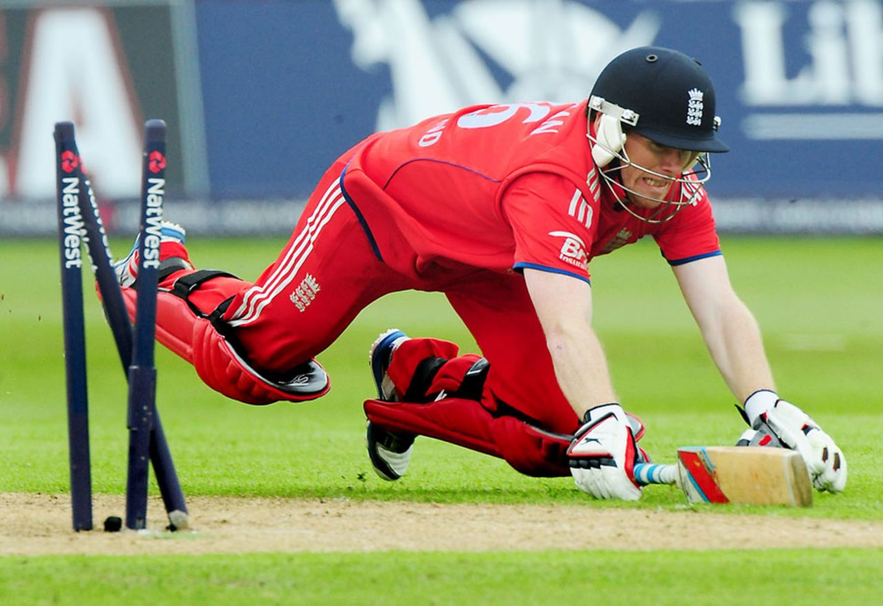 Eoin Morgan was run out one short of a half-century, England v New Zealand, 2nd ODI, Trent Bridge, June 5, 2013