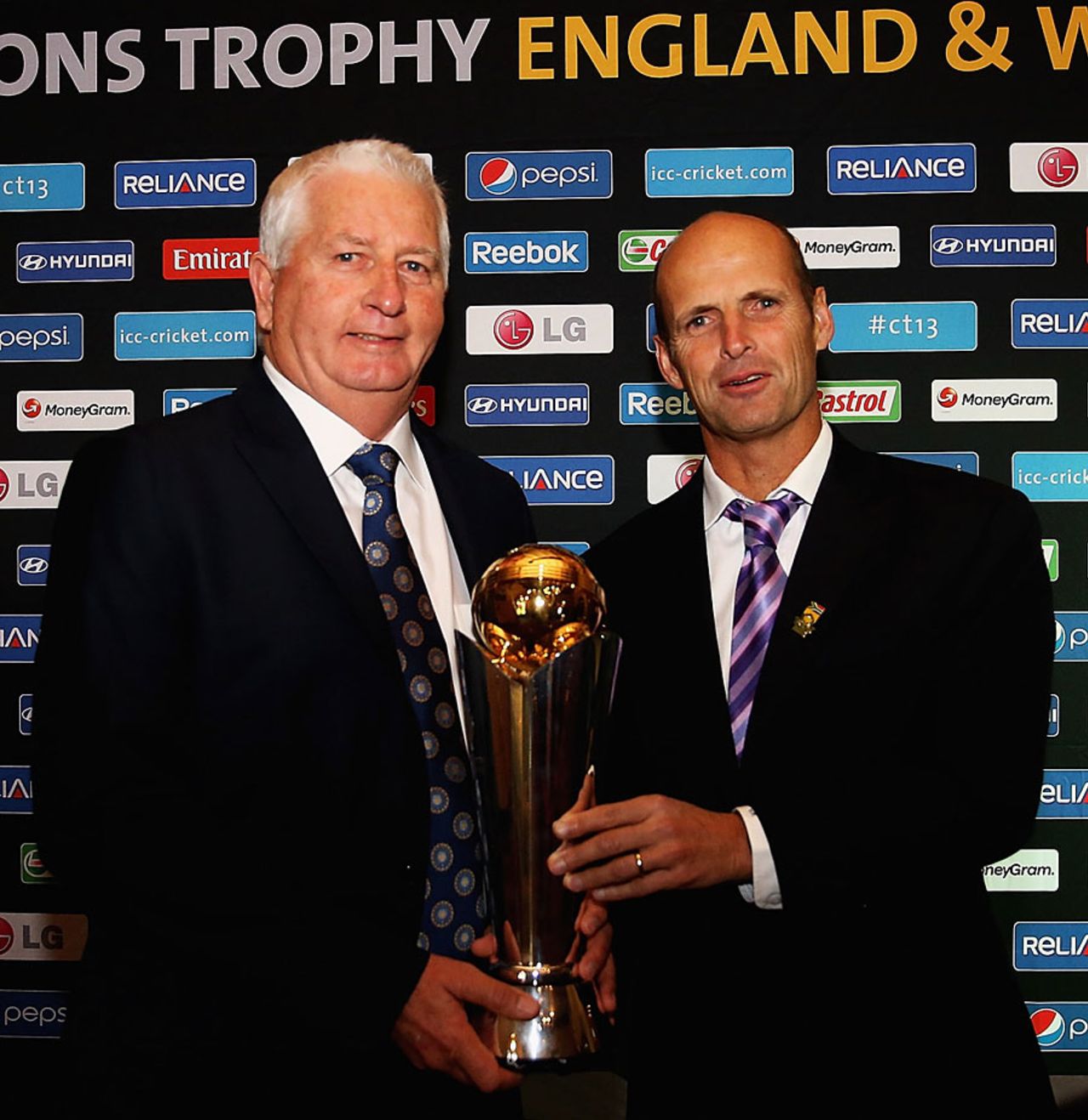 Duncan Fletcher and Gary Kirsten pose with the Champions Trophy on the eve of the tournament, Cardiff, June 5, 2013