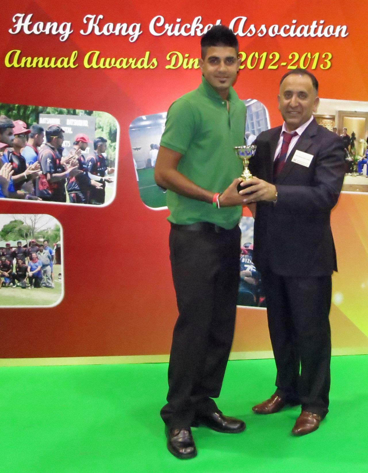 Waqas Barkat receives his Hong Kong Cricketer of the Year trophy from outgoing HKCA President Capt. Saleem Ahmed Shahzada during the HKCA 2012-13 Annual Awards dinner at Kowloon Cricket Club on 5th June 2013