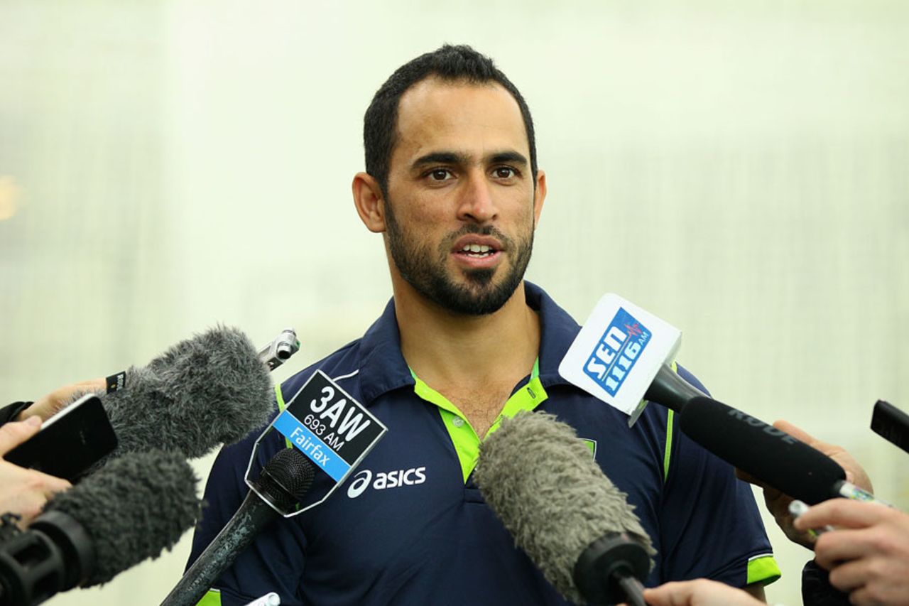 Fawad Ahmed speaks to the media in Melbourne, June 6, 2013