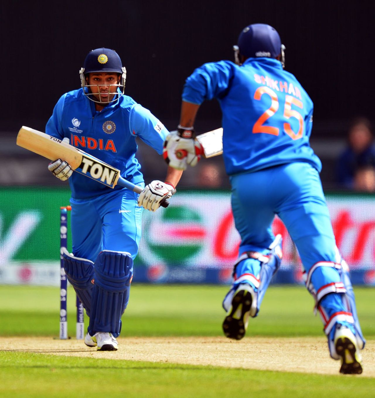 Rohit Sharma and Shikhar Dhawan take a run, India v South Africa, Champions Trophy, Group B, Cardiff, June 6, 2013