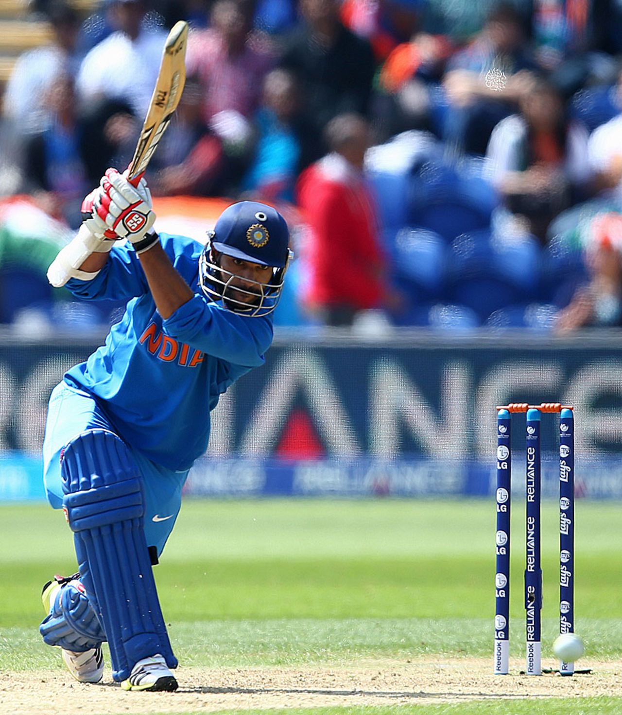 Shikhar Dhawan drives on his way to a hundred, India v South Africa, Champions Trophy, Group B, Cardiff, June 6, 2013