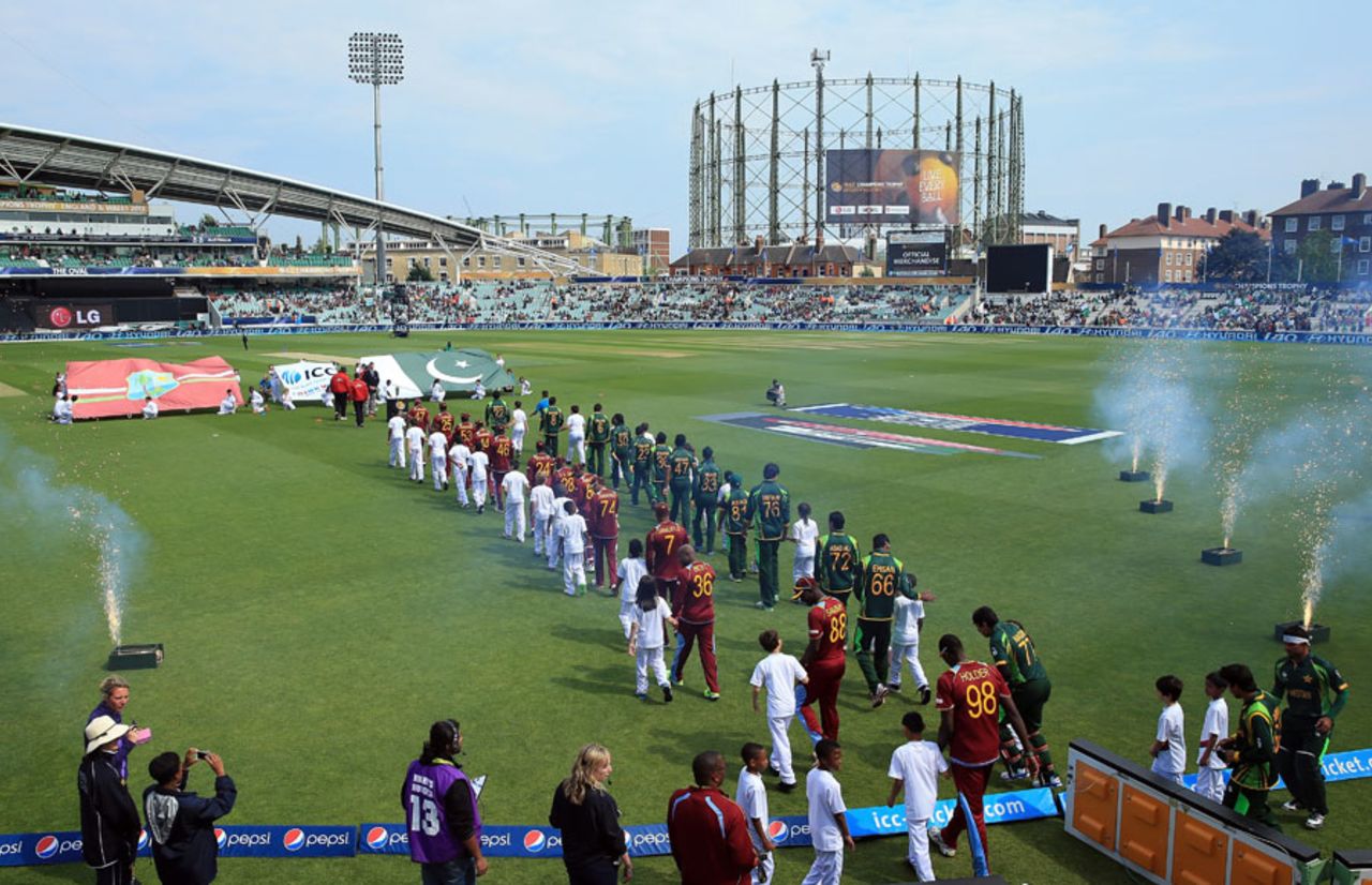 The teams walk out for the singing of the national anthems, West Indies v Pakistan, Champions Trophy, Group B, The Oval, June 7, 2013