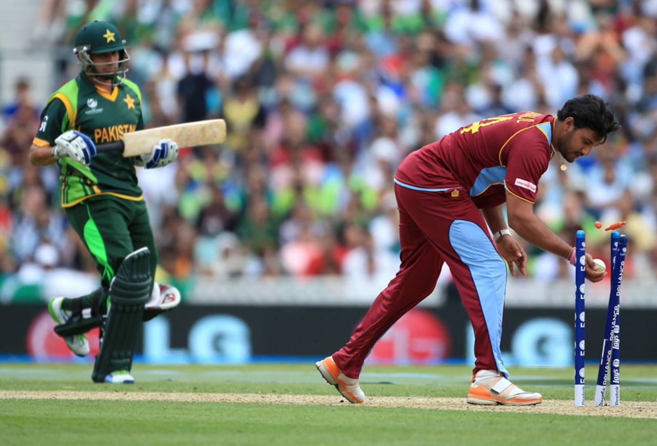 Ravi Rampaul runs out Saeed Ajmal at the non-striker's end, West Indies v Pakistan, Champions Trophy, Group B, The Oval, June 7, 2013