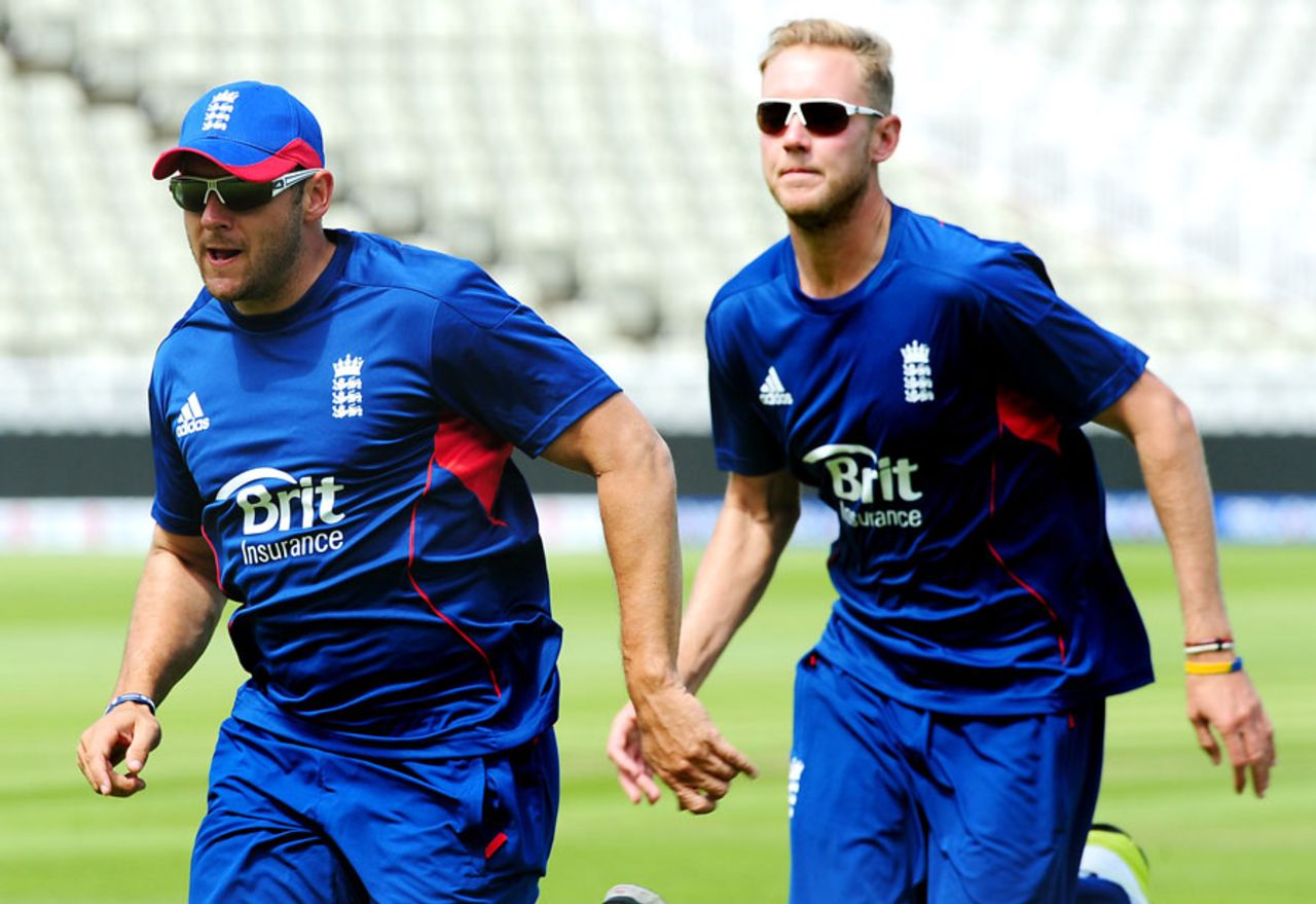 Tim Bresnan leads Stuart Broad on a jog, Champions Trophy, Edgbaston, June, 7, 2013