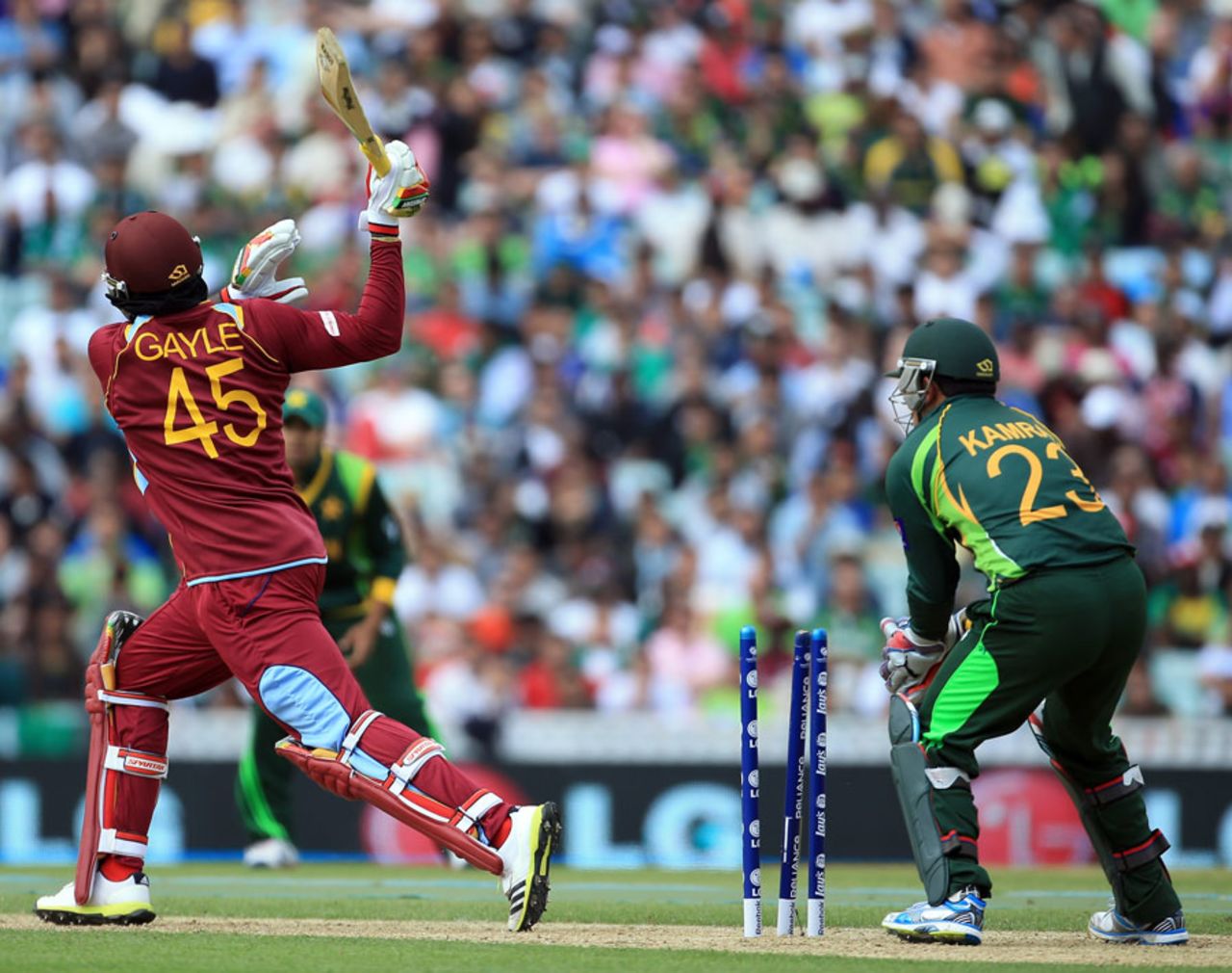 Chris Gayle swings and misses, West Indies v Pakistan, Champions Trophy, Group B, The Oval, June 7, 2013