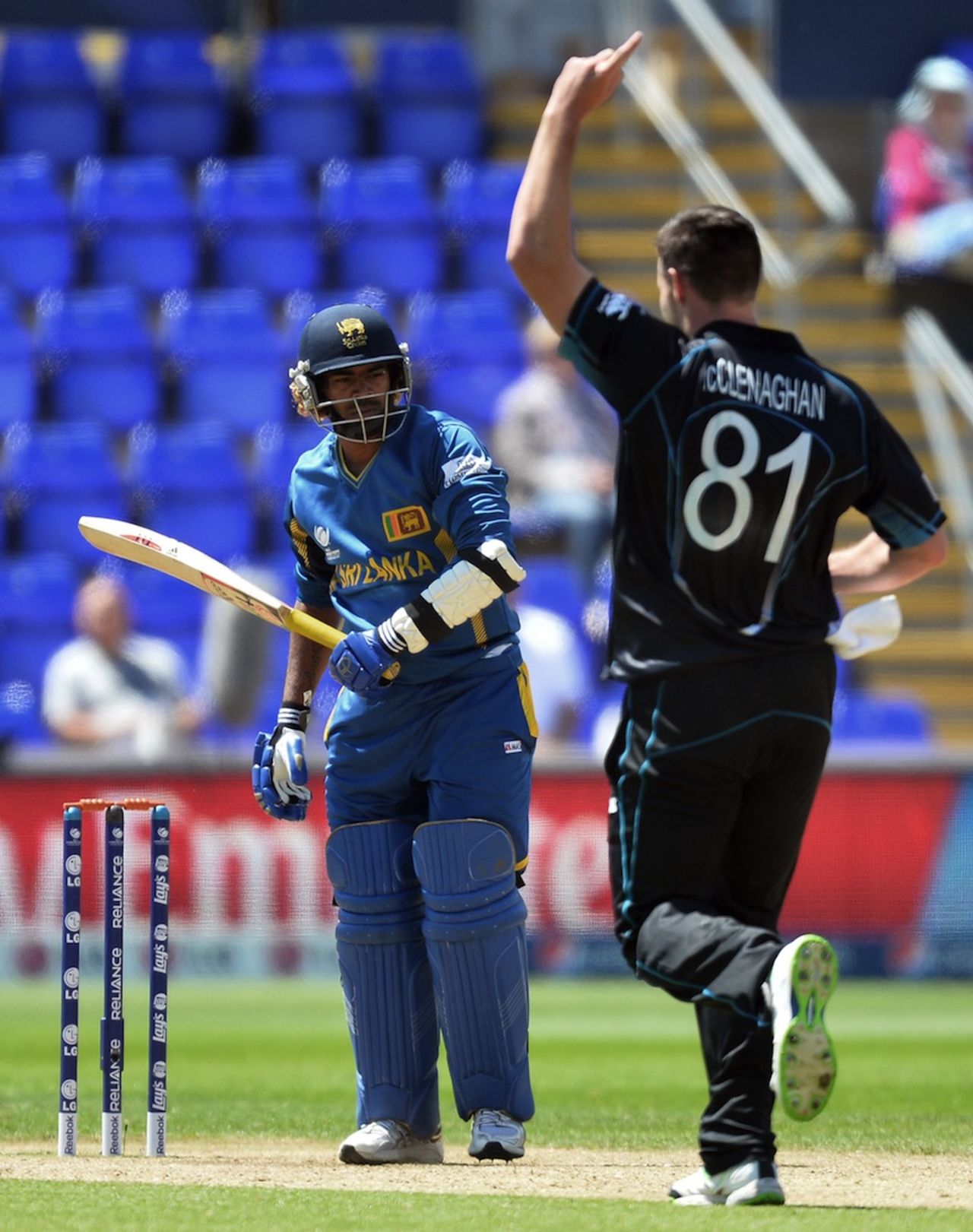 Mitchell McClenaghan takes the wicket of Lasith Malinga, New Zealand v Sri Lanka, Champions Trophy, Group A, Cardiff, June 9, 2013