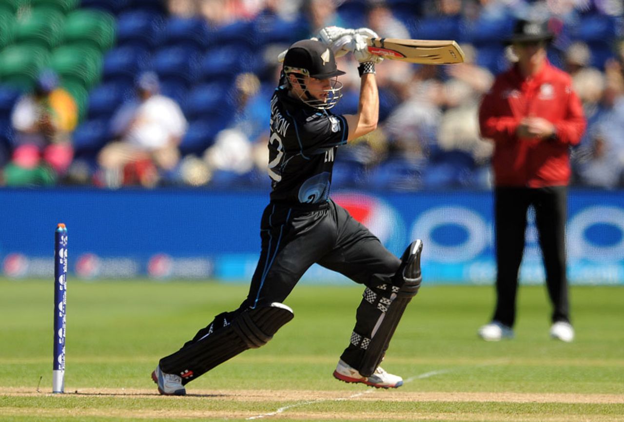 Kane Williamson drives down the ground, New Zealand v Sri Lanka, Champions Trophy, Group A, Cardiff, June 9, 2013