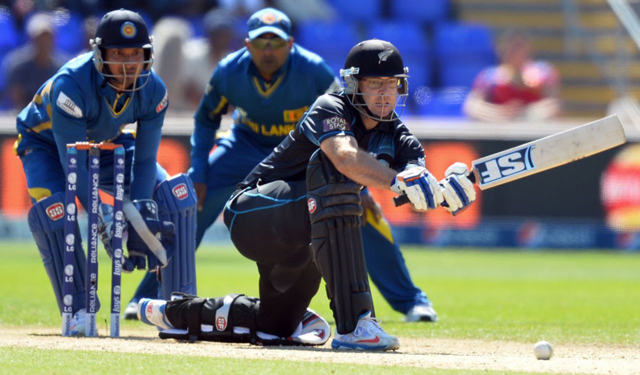 Daniel Vettori gets in position to reverse-sweep, New Zealand v Sri Lanka, Champions Trophy, Group A, Cardiff, June 9, 2013