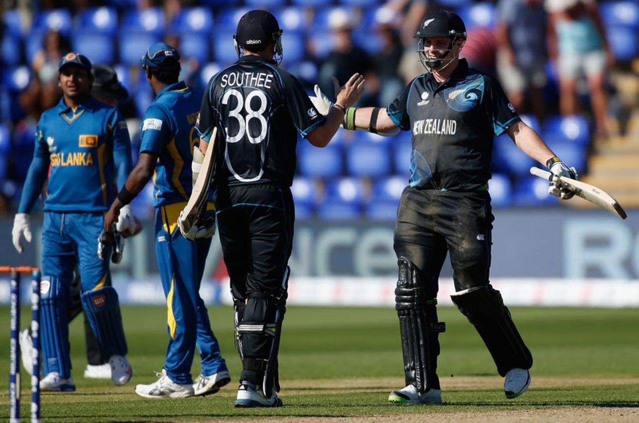 Tim Southee and Mitchell McClenaghan embrace after pulling off a heist over Sri Lanka, New Zealand v Sri Lanka, Champions Trophy, Group A, Cardiff, June 9, 2013