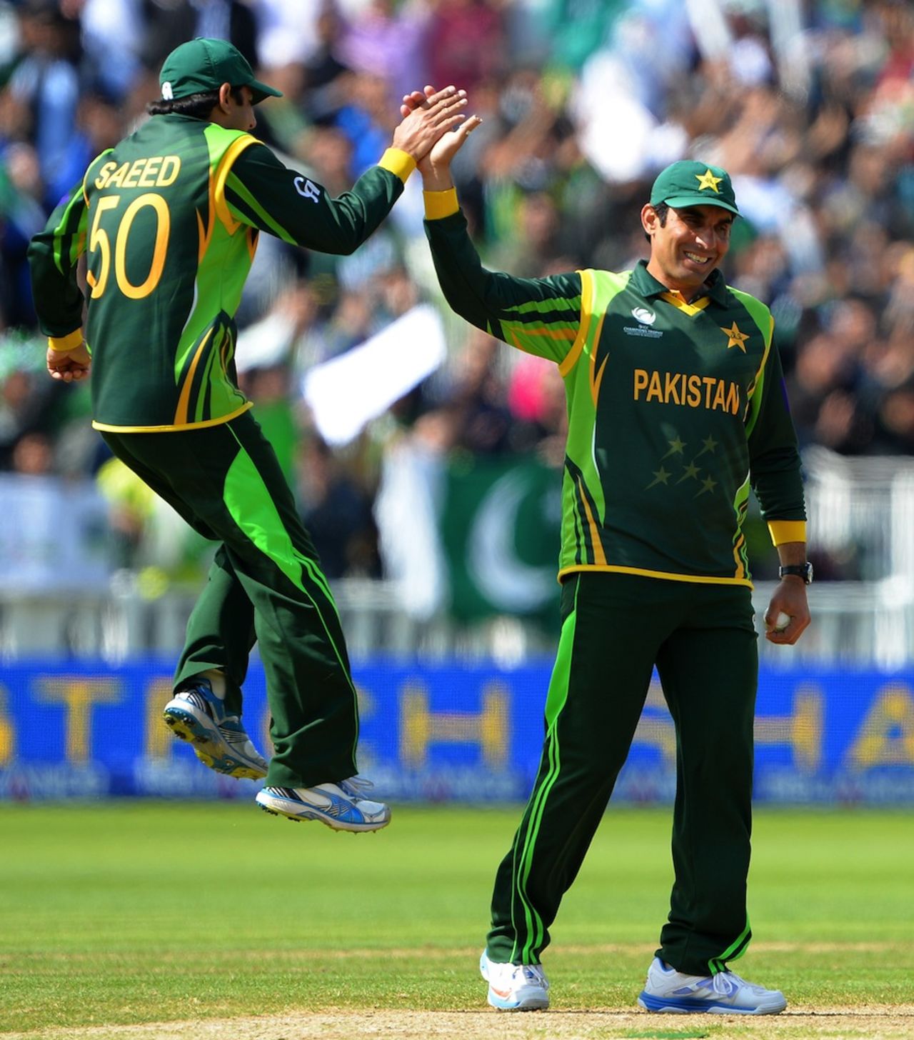 Misbah-ul-Haq is congratulated by Saeed Ajmal after a run out, Pakistan v South Africa, Champions Trophy, Group B, Edgbaston, June 10, 2013