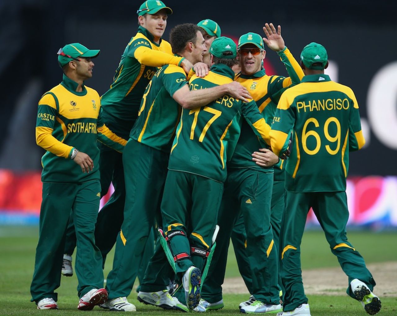 The South Africans celebrate Kamran Akmal's wicket, Pakistan v South Africa, Champions Trophy, Group B, Edgbaston, June 10, 2013