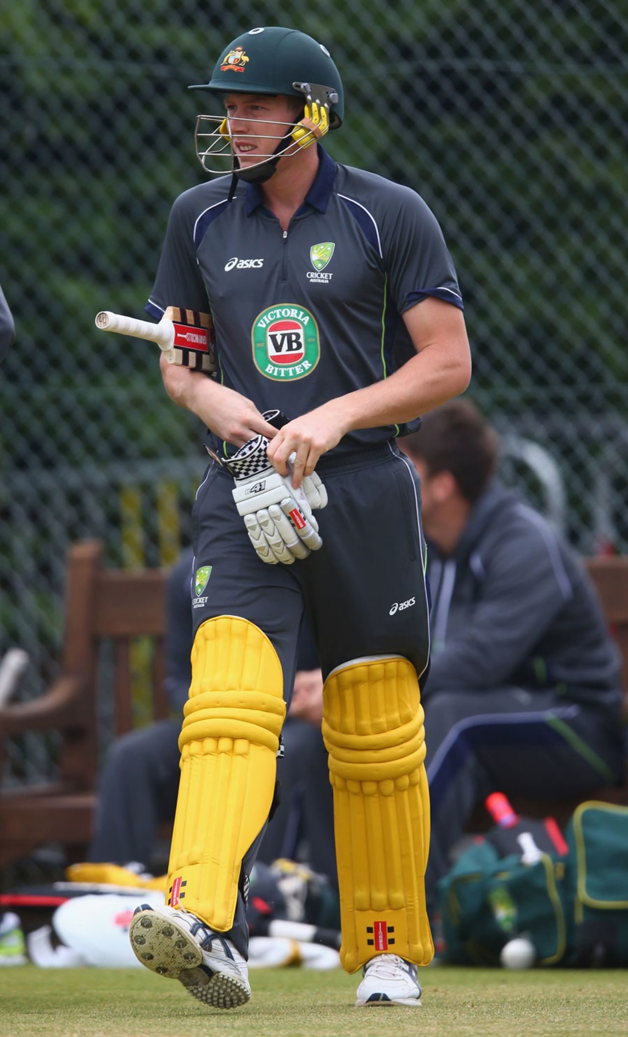 James Faulkner heads out to bat at a practice session before their match against New Zealand, Edgbaston, June 11, 2013