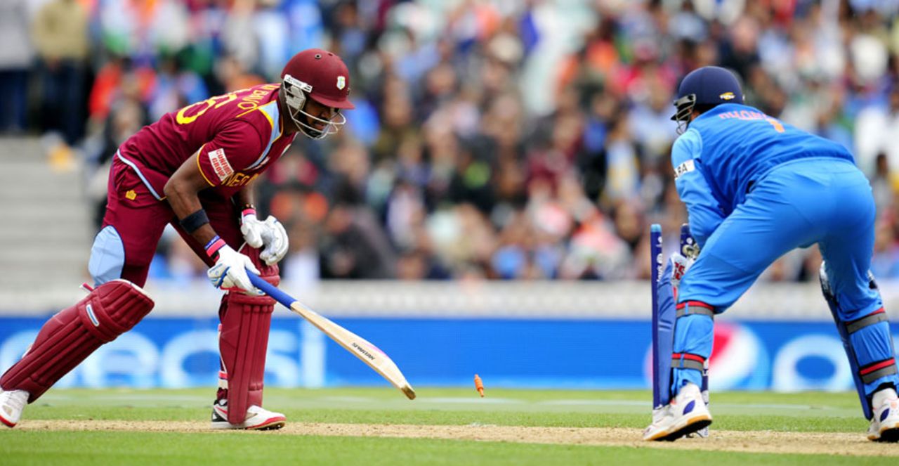 Darren Bravo finds himself short of his crease, India v West Indies, Champions Trophy, Group B, The Oval, June 11, 2013