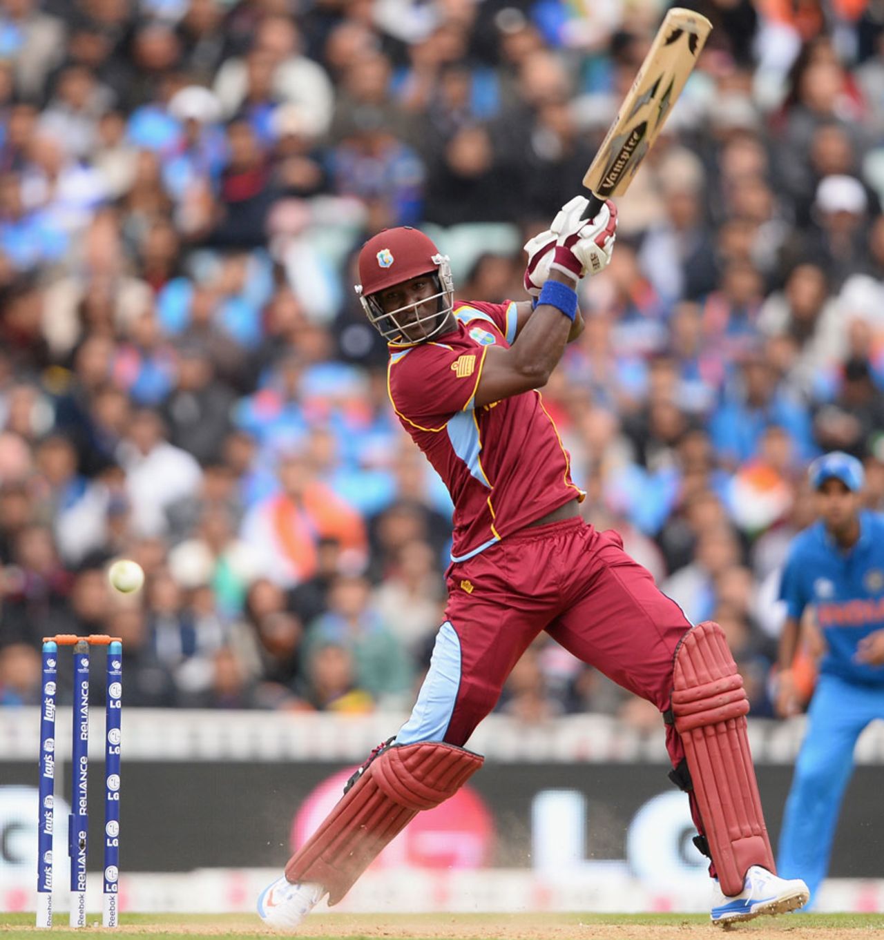 Darren Sammy hits out to the off side, India v West Indies, Champions Trophy, Group B, The Oval, June 11, 2013
