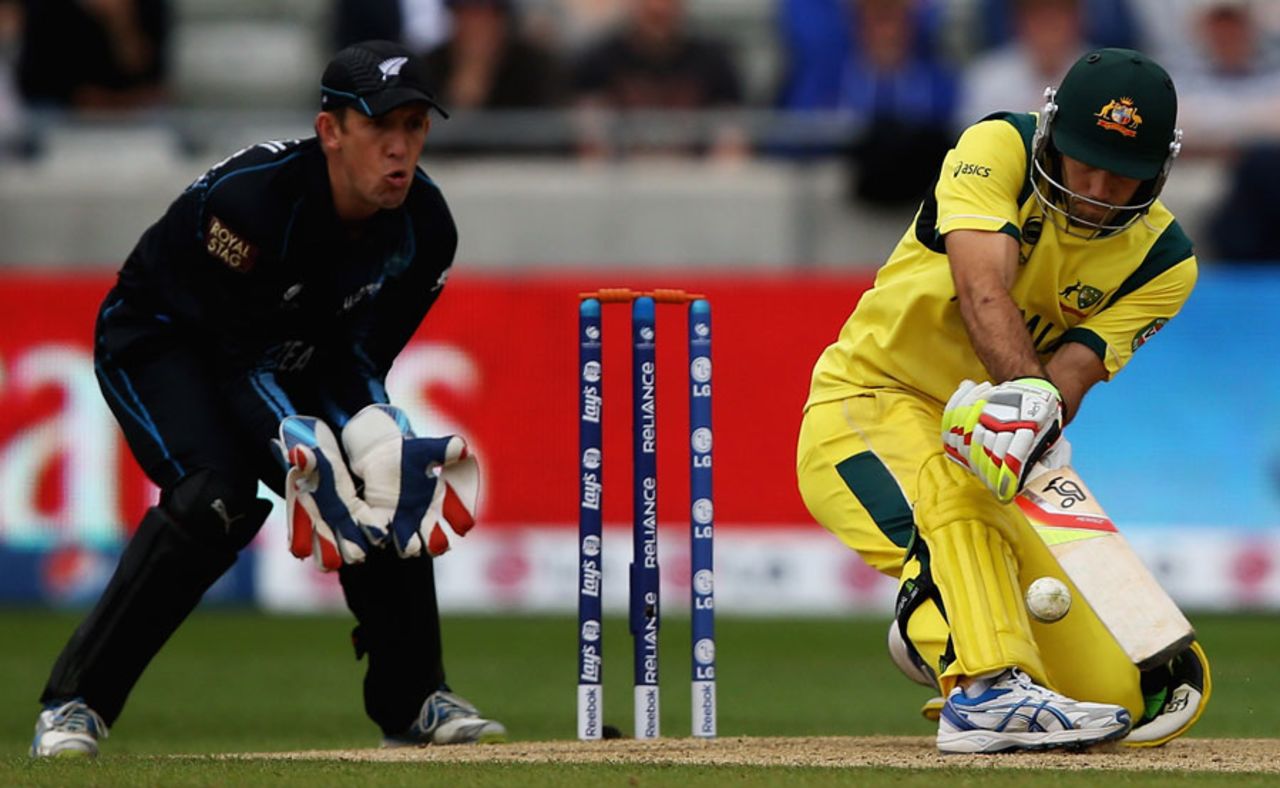 Glenn Maxwell gets in position to reverse-sweep, Australia v New Zealand, Champions Trophy, Group A, Edgbaston, June 12, 2013