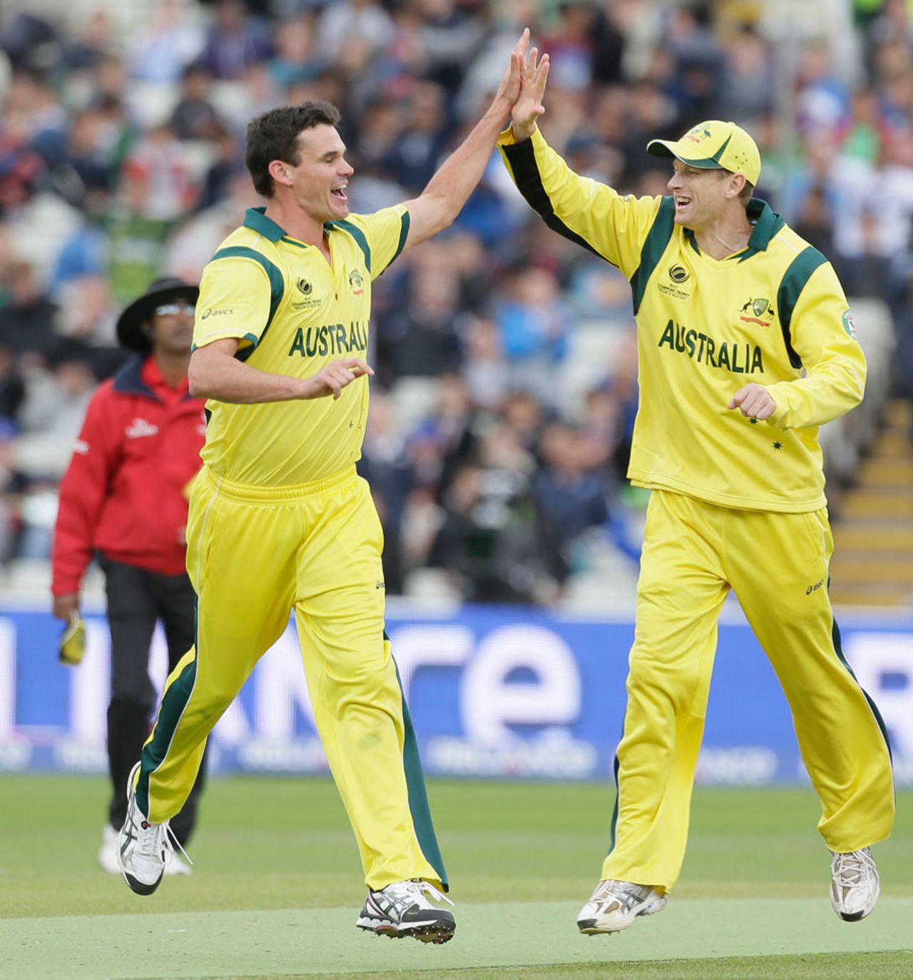 Clint McKay and Adam Voges high-five after a wicket falls, Australia v New Zealand, Champions Trophy, Group A, Edgbaston, June 12, 2013
