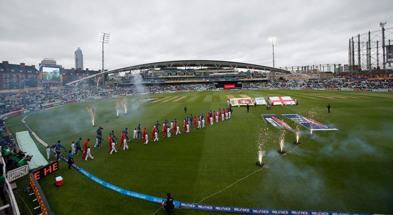The players walk on to the field amid the razzamatazz, England v Sri Lanka, Champions Trophy, Group A, The Oval, June 13, 2013