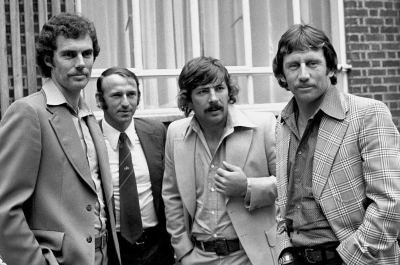 Australia's Greg Chappell, Doug Walters, Rod Marsh and Ian Chappell outside their Kensington hotel, May 29, 1975