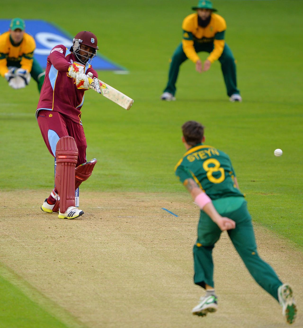 Chris Gayle hits back past Dale Steyn, South Africa v West Indies, Champions Trophy, Group B, Cardiff, June 14, 2013