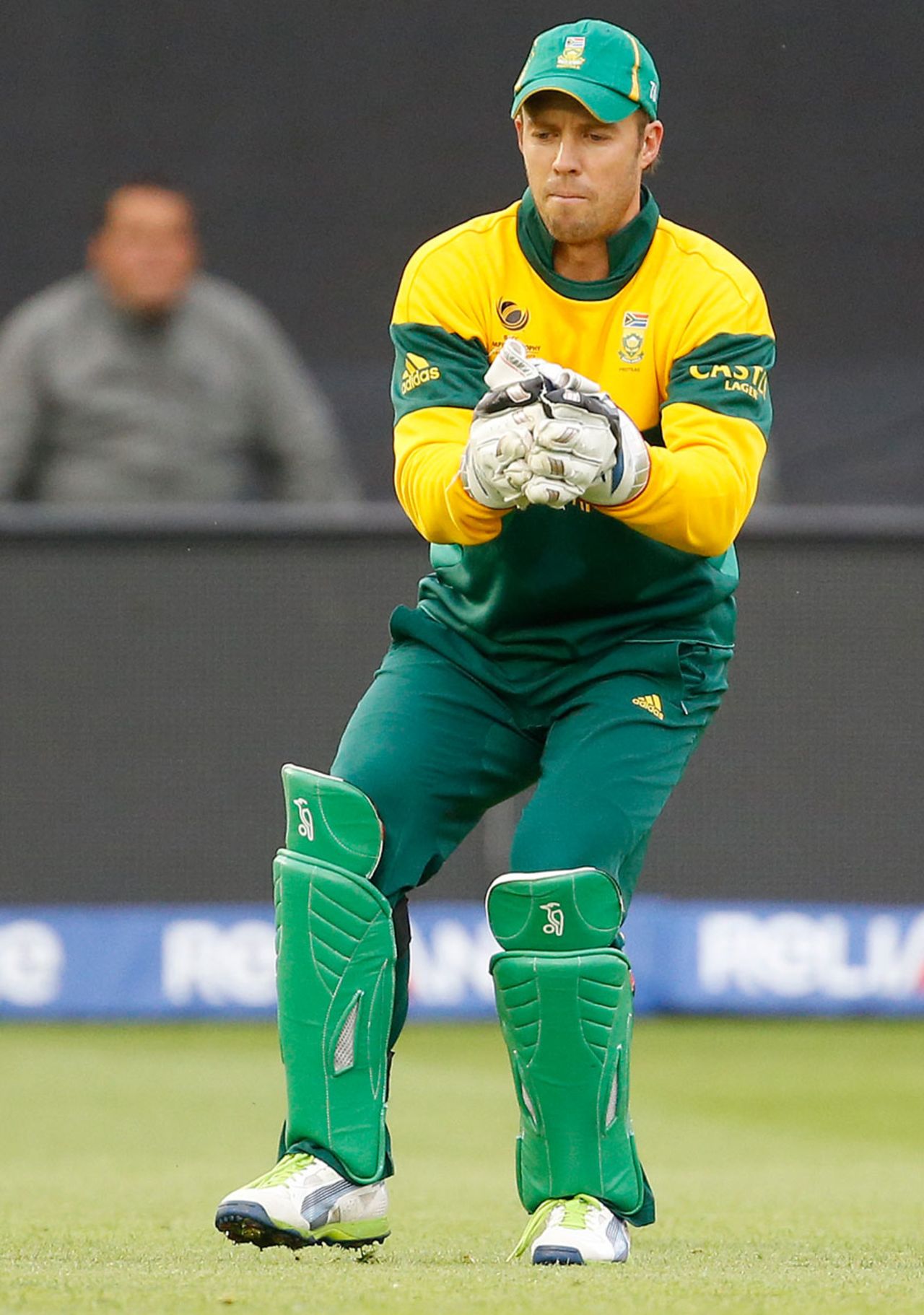 AB de Villiers holds on to a skier, South Africa v West Indies, Champions Trophy, Group B, Cardiff, June 14, 2013