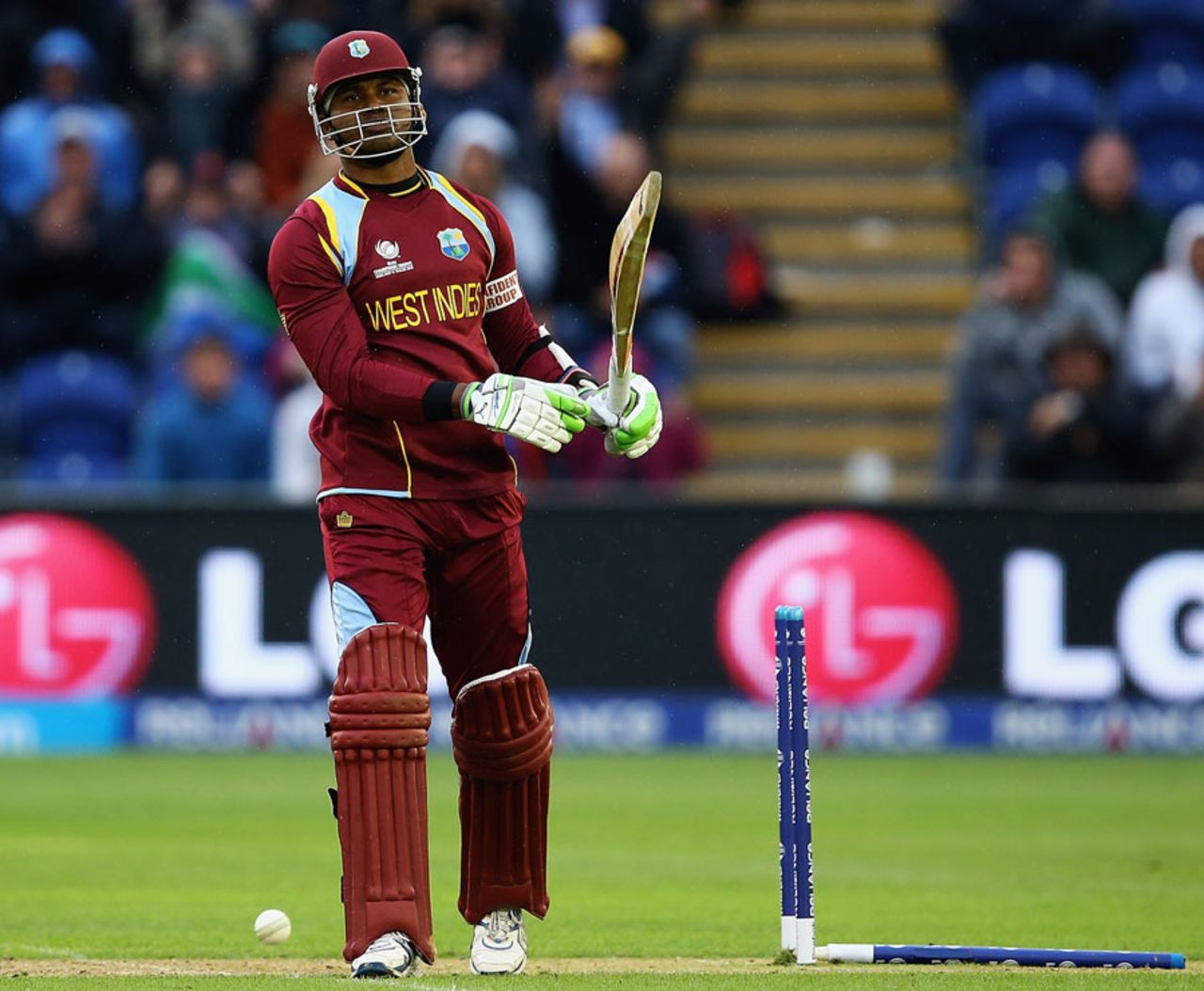 Marlon Samuels is dejected after having his middle stump castled, South Africa v West Indies, Champions Trophy, Group B, Cardiff, June 14, 2013