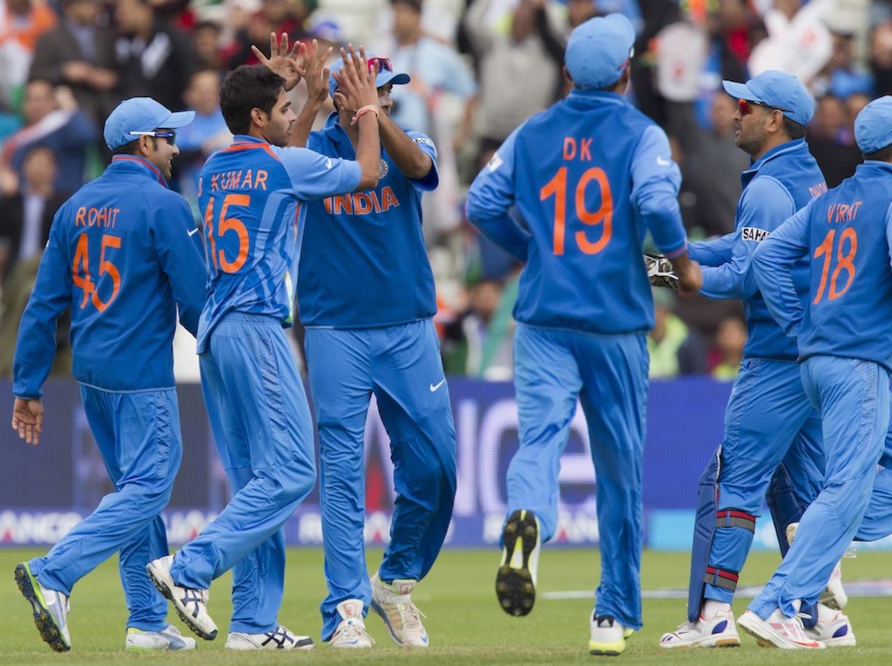 India players celebrate Nasir Jamshed's wicket, India v Pakistan, Champions Trophy, Group B, Edgbaston, June 15, 2013