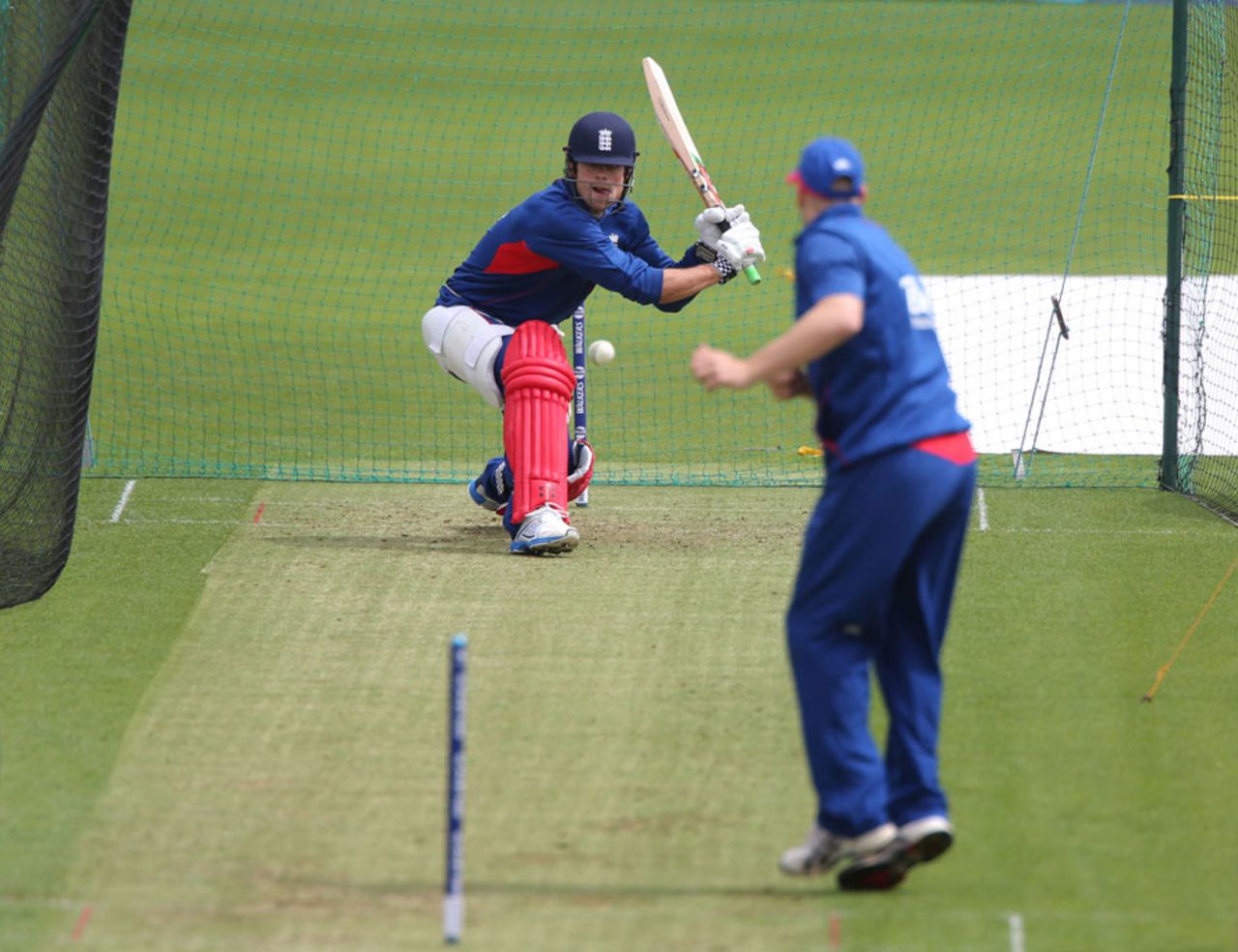 Alastair Cook practises in the nets against James Tredwell, Champions Trophy, Cardiff, June 15, 2013