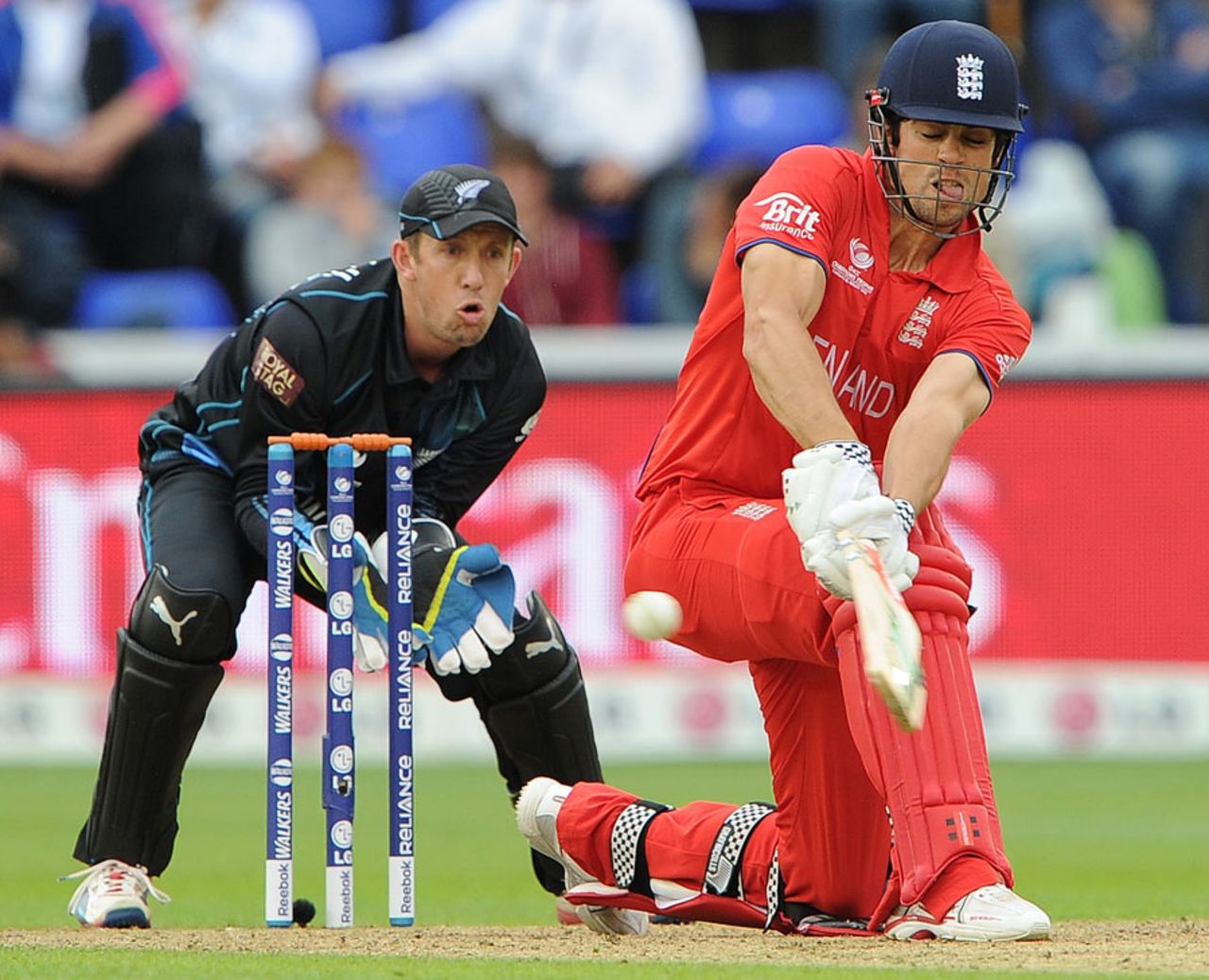 Alastair Cook sweeps to the leg side, England v New Zealand, Champions Trophy, Group A, Cardiff, June 16, 2013